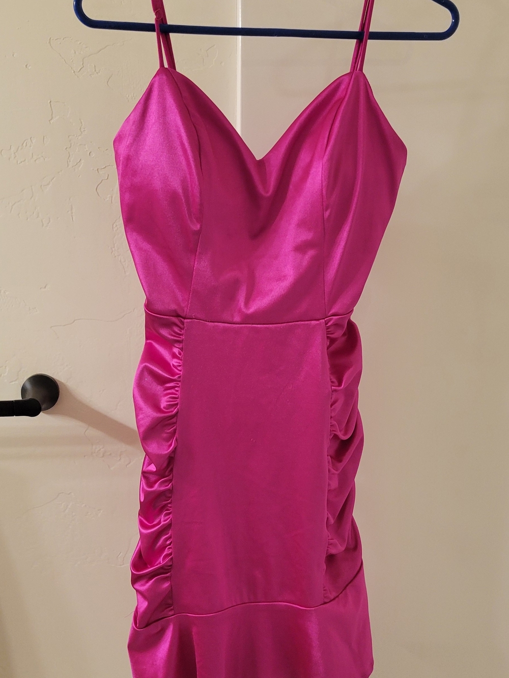 Slip Satin Spaghetti-Strap Mini Dress in Fuchsia